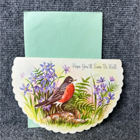 Vintage GET WELL greeting card birds Robin Quality Crest crescent shape 7.5x5 - Picture 1 of 9